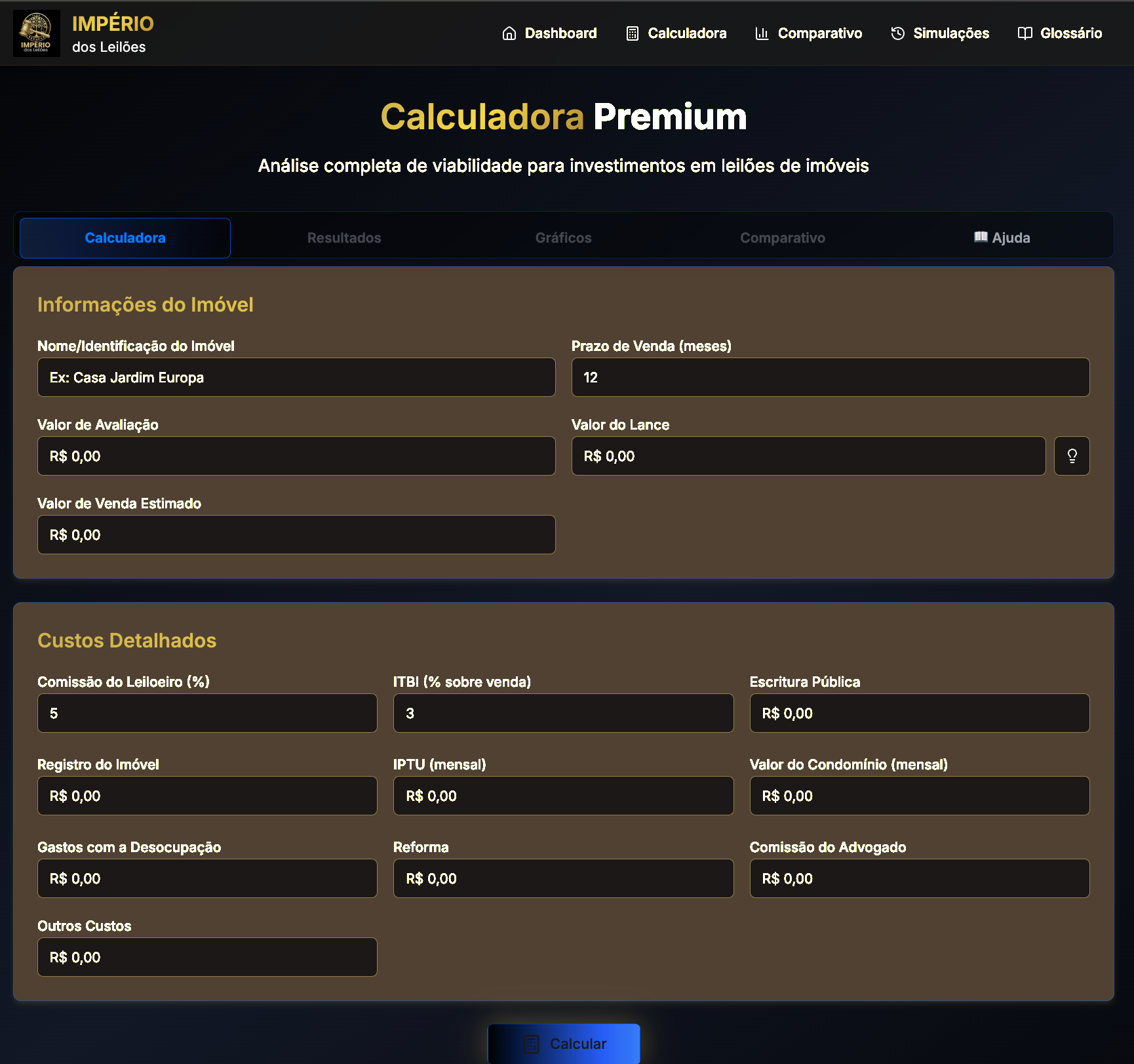 Mockup da Calculadora Premium de Leilões
